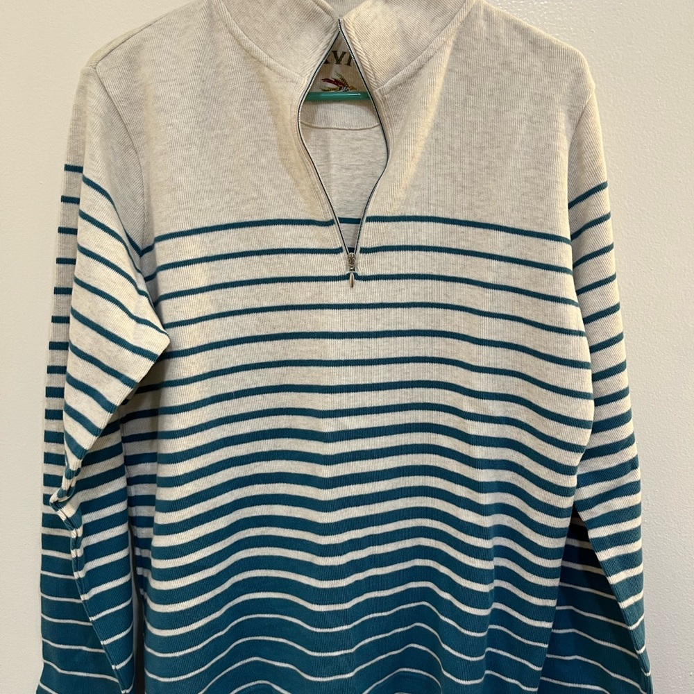 Orvis Striped Teal and Cream Womens 1/4 zip shirt